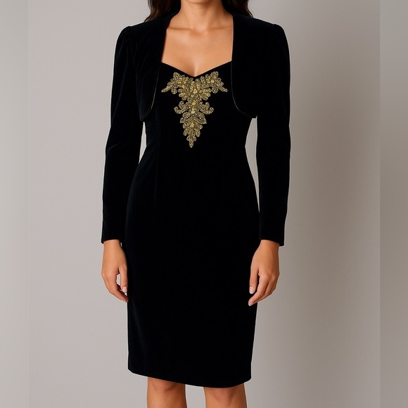 Vintage‎ Alex Evenings Black Velvet Beaded Dress & Bolero Jacket Size 14 Formal - Picture 1 of 8